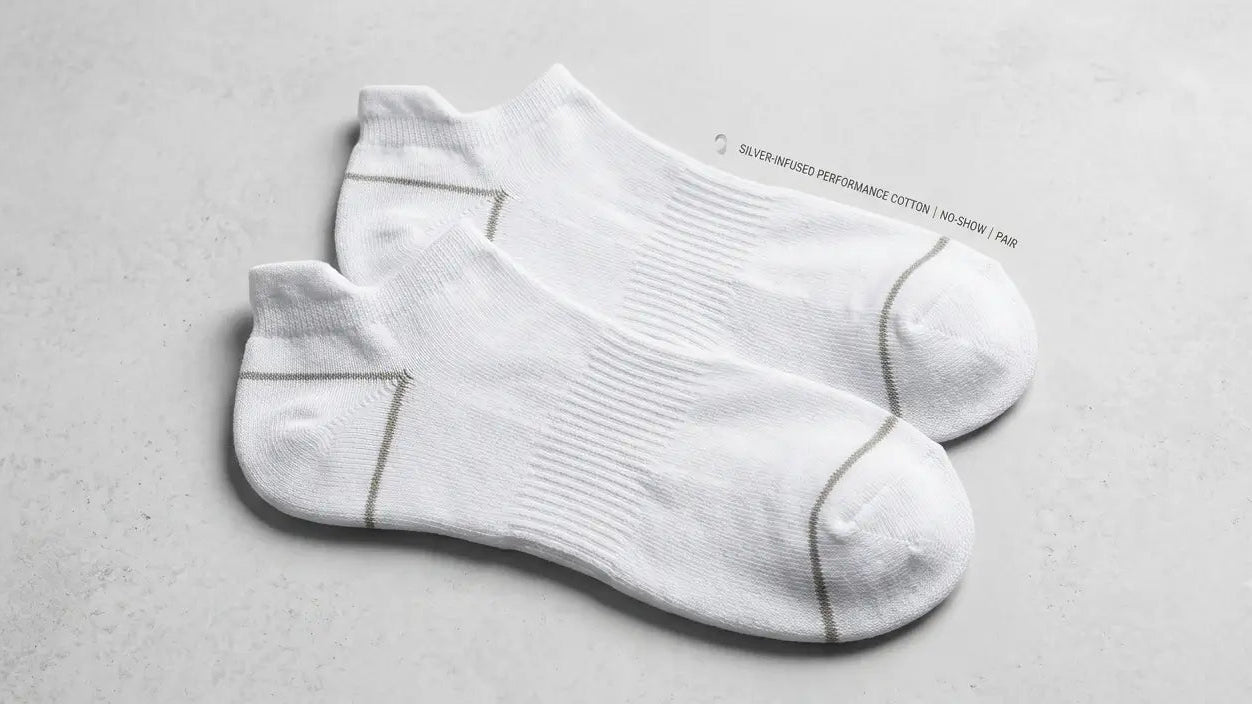 A pair of white low-cut athletic socks with gray contrast stitching, displayed on a light gray textured surface.