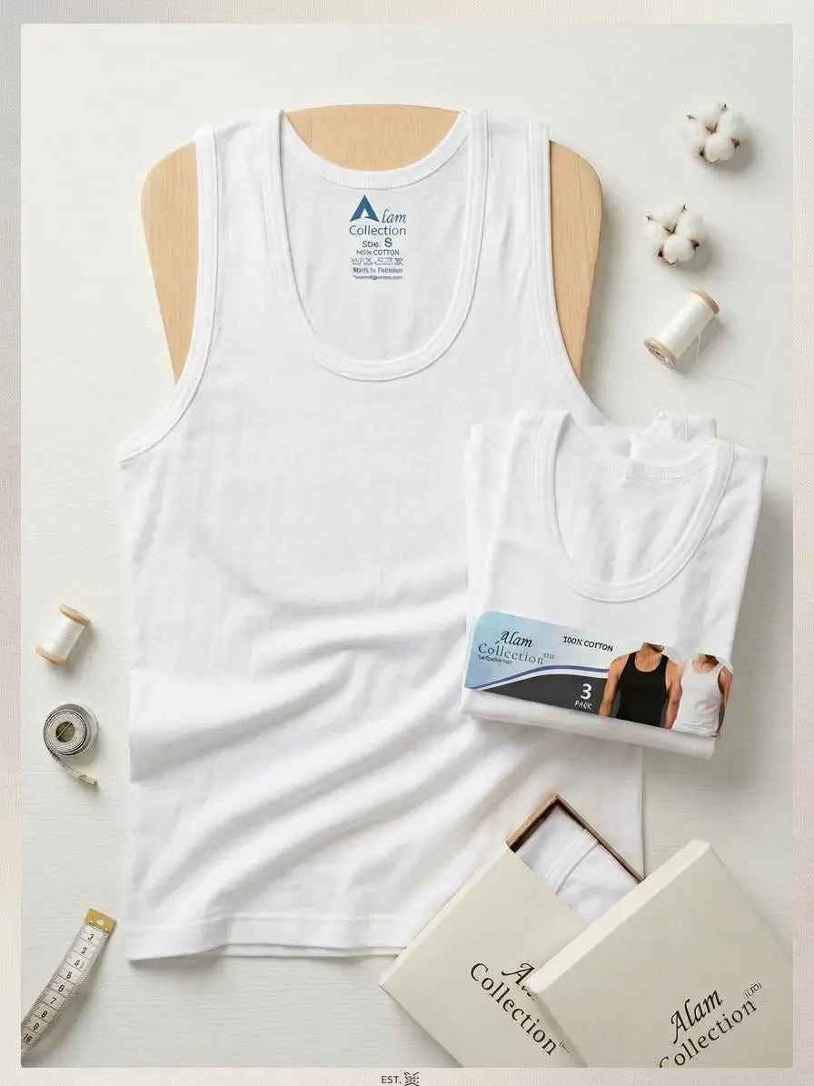 Men’s Cotton Undervest – 3 PCS Pack 100% Pure Cotton White | AlamCollection