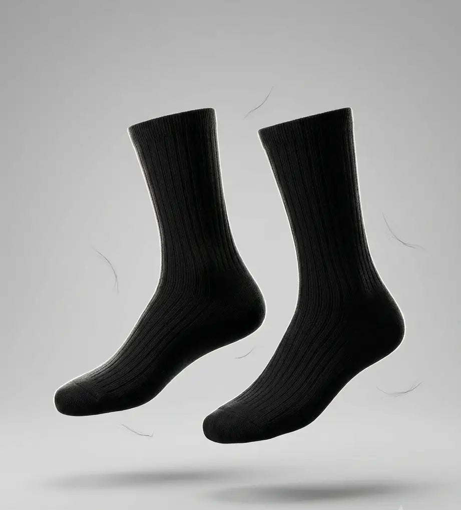 A pair of black ribbed crew socks floating above a light gray surface with soft shadows underneath.