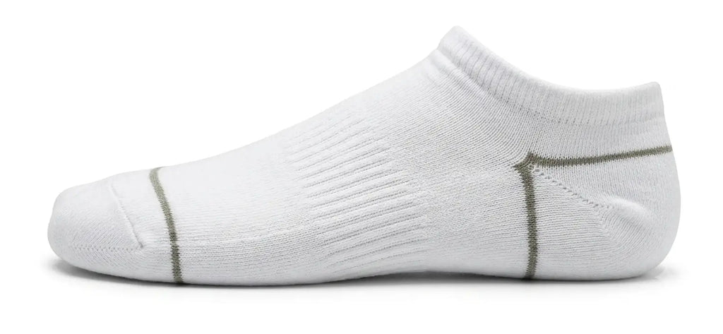 A white low-cut ankle sock with thin olive green contrast stitching details, shown in a side profile on a white background.