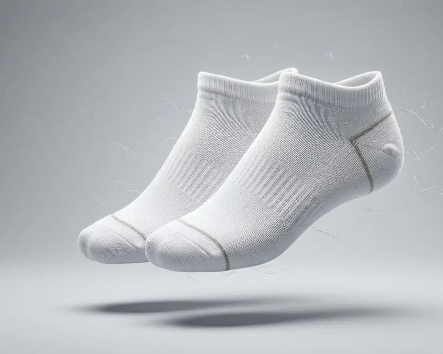 A pair of white low-cut ankle socks floating above a gray surface against a light gray background.