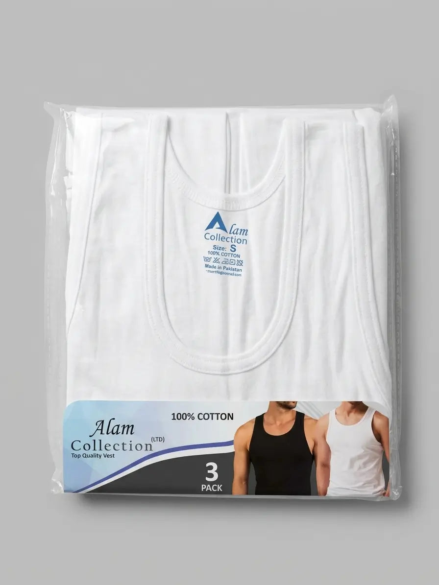 Men’s Cotton Undervest – 3 PCS Pack 100% Pure Cotton White | AlamCollection