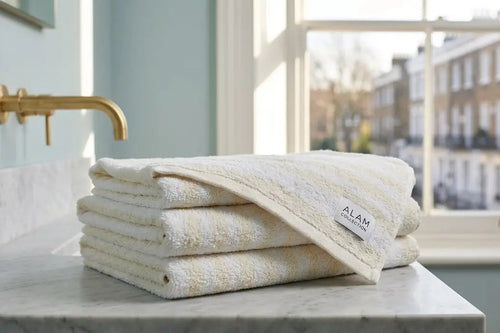A stack of folded white towels with a small 'ALAM' label sits on a marble countertop in a bathroom setting with a gold faucet and a window in the background.