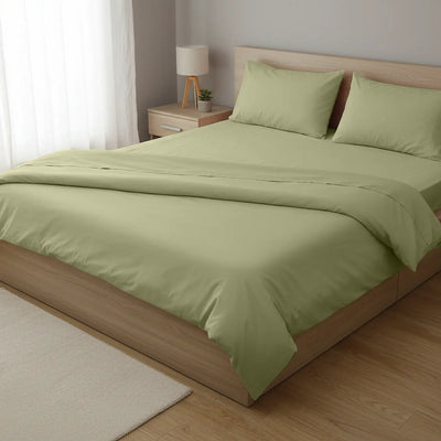 Alam Collection Olive Green Fitted Sheet Set, Double – 2 Pillowcases, Polycotton, 35cm Deep
